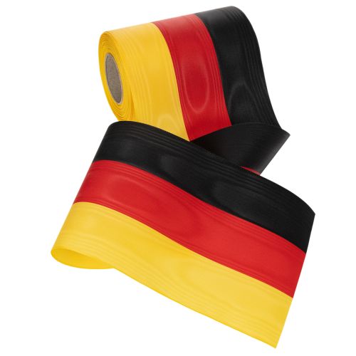 Artículo Cintas para coronas Moiré de 150 mm en negro, rojo y dorado con efecto moiré francés, rollo de 25 m para decoración y servicios funerarios.