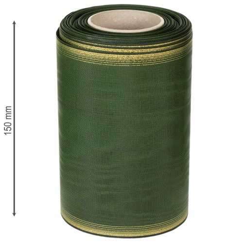 Artículo Cinta de moiré para coronas, 150 mm, verde oscuro con borde de perlas doradas, tejido de tafetán, rollo de 25 m para decoración y diseño.
