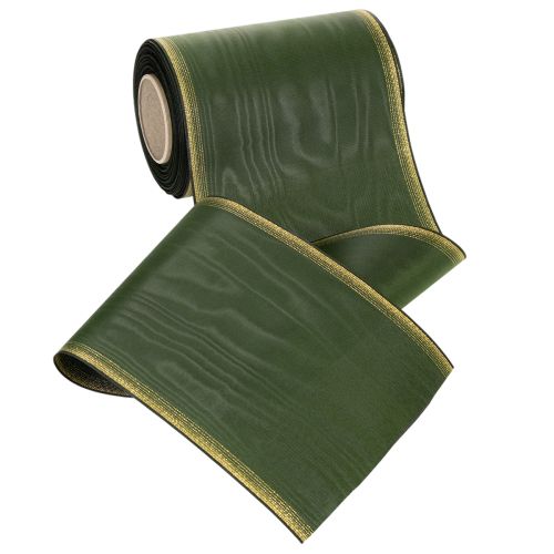 Artículo Cinta de moiré para coronas, 150 mm, verde oscuro con borde de perlas doradas, tejido de tafetán, rollo de 25 m para decoración y diseño.
