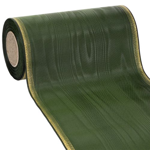 Floristik24 Cinta decorativa de moiré para coronas, 200 mm, verde oscuro con borde perlado y tejido de tafetán. Cinta decorativa para celebraciones y arreglos florales funerarios, 25 m.