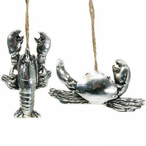 Floristik24 Deco cangrejo y langosta para colgar plata antigua 9cm 2uds