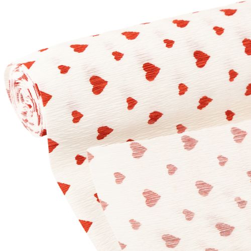 Artículo Papel crepé con corazones Crepe de floristería Día de la Madre rojo, blanco 50 × 250cm