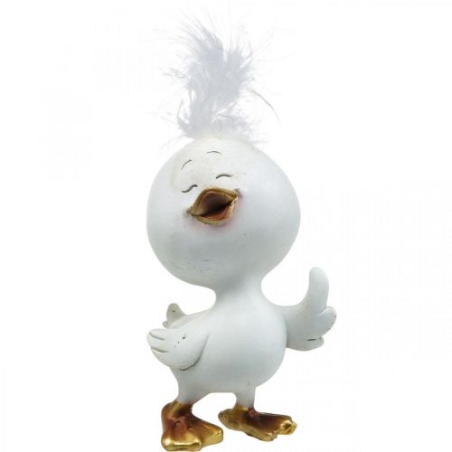 Floristik24 Pollito de Pascua feliz, pato con pluma, decoración de Pascua pollito blanco, dorado Al. 14 cm