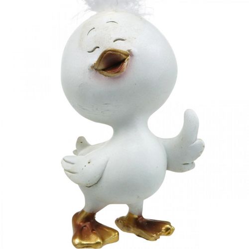 Floristik24 Pollito de Pascua feliz, pato con pluma, decoración de Pascua pollito blanco, dorado Al. 14 cm