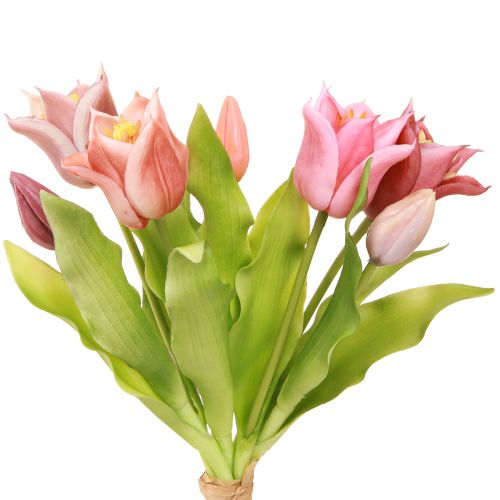 Artículo Corona de flores artificiales de tulipanes morados y rosas, 7 unidades en ramo de 34 cm