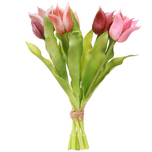 Artículo Corona de flores artificiales de tulipanes morados y rosas, 7 unidades en ramo de 34 cm