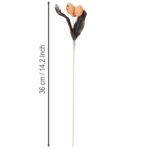 Artículo Huevos de codorniz artificiales, plumas decorativas en un palito, 36 cm, 12 unidades