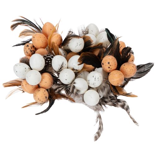 Artículo Huevos de codorniz artificiales, plumas decorativas en un palito, 36 cm, 12 unidades