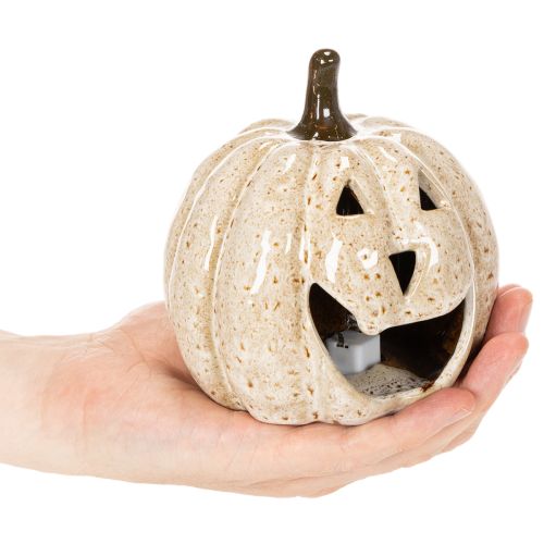Decoración de calabaza de cerámica con LED y cara sonriente, 13 cm. | Floristik24.es