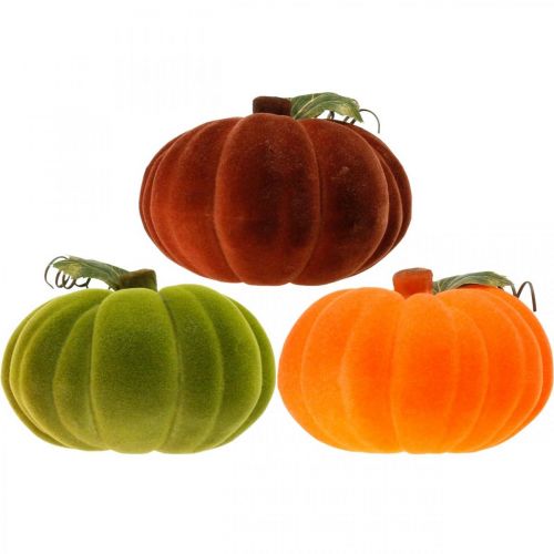 Artículo Calabaza decorativa flocada mix naranja, verde, rojo decoración otoñal 16cm 3 piezas