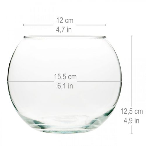Artículo Jarrón de cristal con forma de bola, transparente, redondo, para mesa, florero, diámetro 15,5 cm, alto 12,5 cm