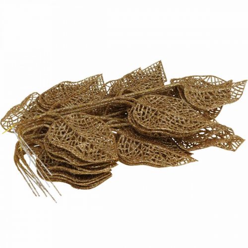 Artículo Plantas artificiales, decoración de ramas, hoja decorativa con brillo dorado L36cm 10 piezas