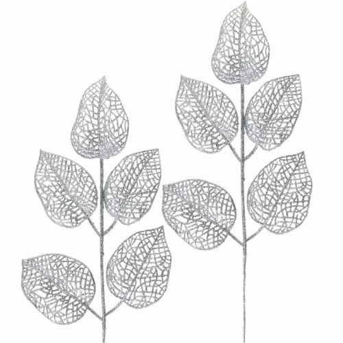 Floristik24 Plantas artificiales, decoración de ramas, hoja decorativa con brillo plateado L36cm 10 piezas