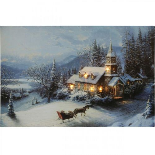 Floristik24 Cuadro LED Navidad paisaje invernal con iglesia mural LED 58x38cm