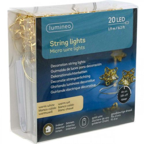 Artículo Cadena de luces LED estrellas micro temporizador LED interior oro 1,90m
