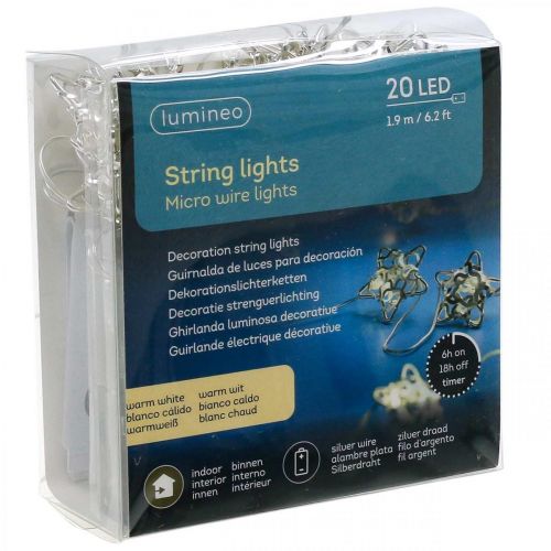 Artículo Cadena de luces LED estrellas micro temporizador LED interior plata 1,90m