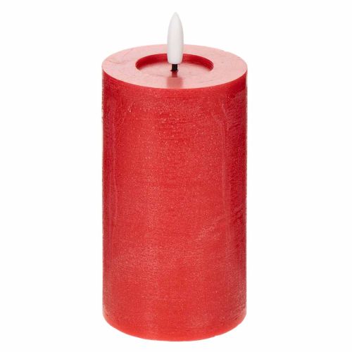 Vela LED cilíndrica roja con temporizador y luz blanca cálida, fabricada en cera auténtica, 15 cm.