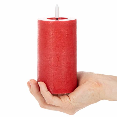 Vela LED cilíndrica roja con temporizador y luz blanca cálida, fabricada en cera auténtica, 15 cm. | Floristik24.es