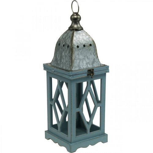 Farol de madera con decoración de metal, farol decorativo para colgar, decoración de jardín azul-plata H51cm