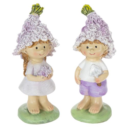 Floristik24 Figura decorativa de un niño y una niña con flores en tonos lavanda para salón y jardín, 10 cm, 2 piezas.