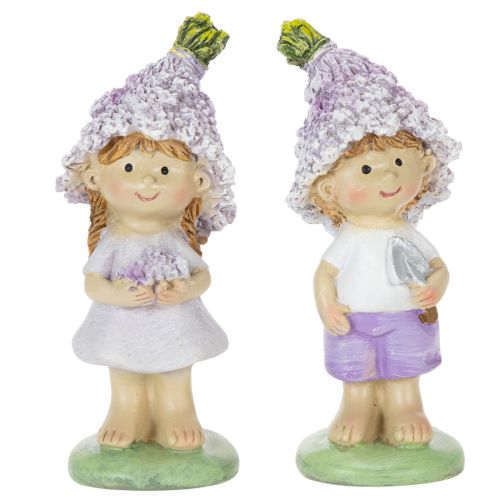 Artículo Figura decorativa de un niño y una niña con flores en tonos lavanda para salón y jardín, 10 cm, 2 piezas.