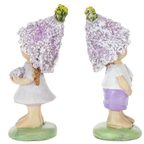 Artículo Figura decorativa de un niño y una niña con flores en tonos lavanda para salón y jardín, 10 cm, 2 piezas.