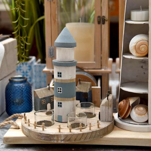 Floristik24 Portavelas Lighthouse azul, blanco 4 velas Ø25cm H28cm