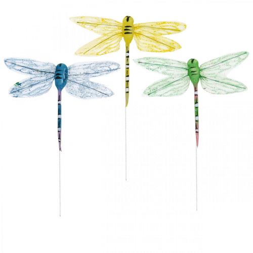 Artículo Decoración de verano, libélulas en un alambre, insectos decorativos amarillo, verde, azul L10,5cm 6 piezas