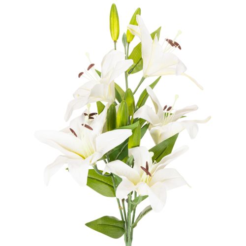 Lirios artificiales, 6 flores blancas, rama florida de aspecto realista, 66 cm.