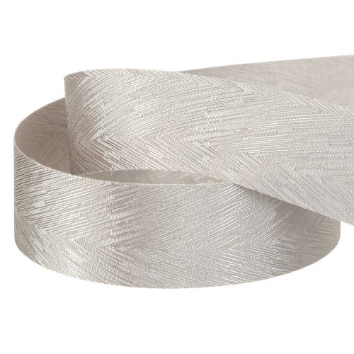Artículo Lujosa cinta de seda plateada con elegante diseño de plumas, ideal para bodas y ocasiones festivas. Ancho 25 mm, largo 15 m.