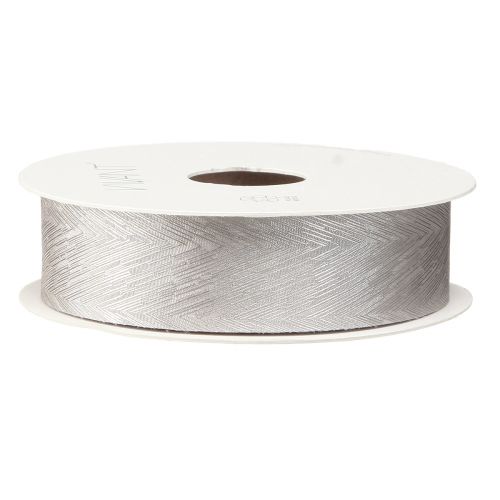 Artículo Lujosa cinta de seda plateada con elegante diseño de plumas, ideal para bodas y ocasiones festivas. Ancho 25 mm, largo 15 m.