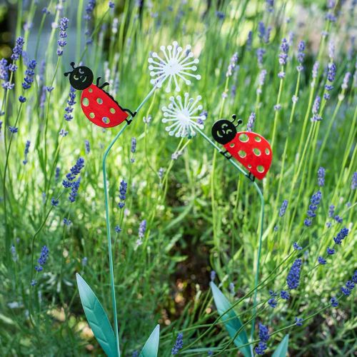Floristik24 Enchufe decorativo mariquita, decoración de primavera, diente de león con escarabajo, enchufe de metal L55cm juego de 3