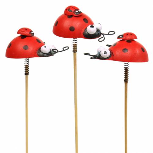 Artículo Tapón decorativo mariquita sobre palo de madera rojo, negro 4cm x 2,5cm H23,5cm 16 piezas
