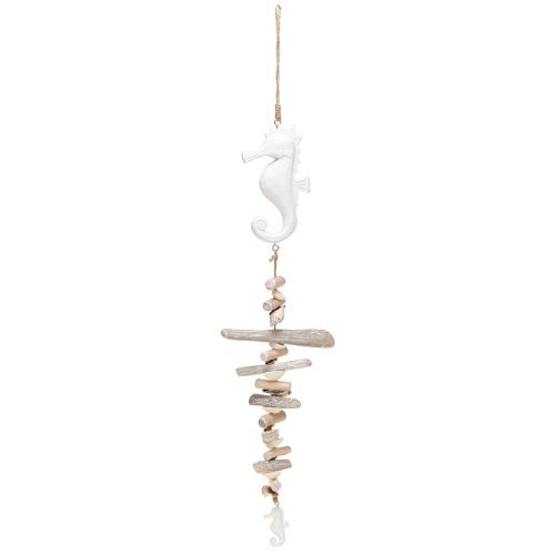 Artículo Guirnalda de decoración marítima con conchas de madera a la deriva, caballito de mar blanco, 55 cm