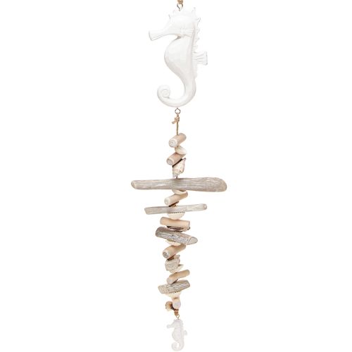 Artículo Guirnalda de decoración marítima con conchas de madera a la deriva, caballito de mar blanco, 55 cm