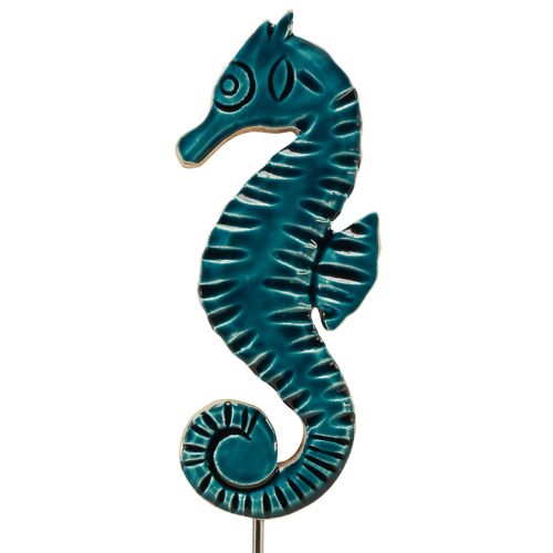 Artículo Decoración marítima caballito de mar sobre soporte madera de mango turquesa 19,5cm