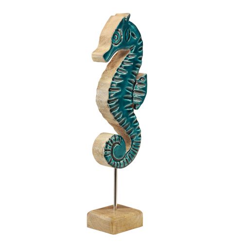 Artículo Decoración marítima caballito de mar sobre soporte madera de mango turquesa 19,5cm