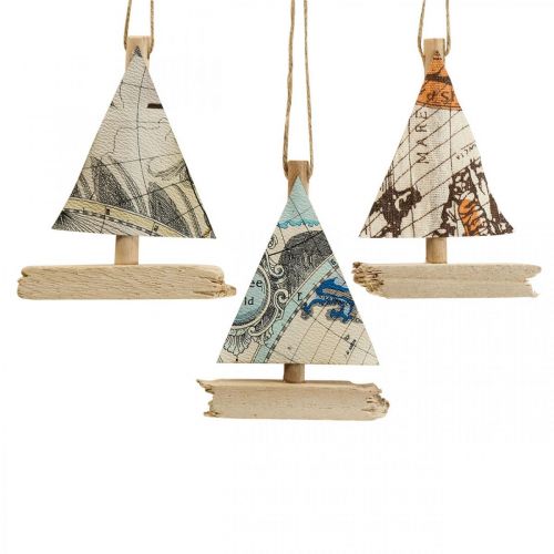 Floristik24 Decoración marítima velero barco de madera colgador decorativo pequeño H12cm 3pcs