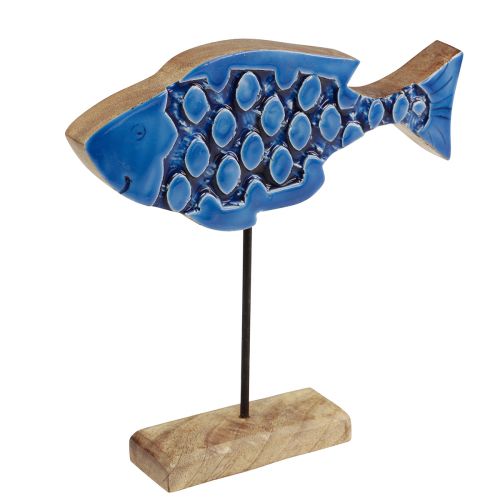 Artículo Pez de madera decorativo marítimo sobre soporte azul 25cm × 24,5cm