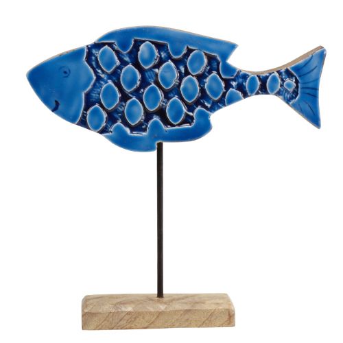 Artículo Pez de madera decorativo marítimo sobre soporte azul 25cm × 24,5cm