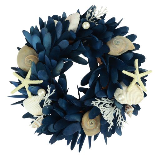 Corona decorativa marítima con conchas azules colores naturales Ø27cm