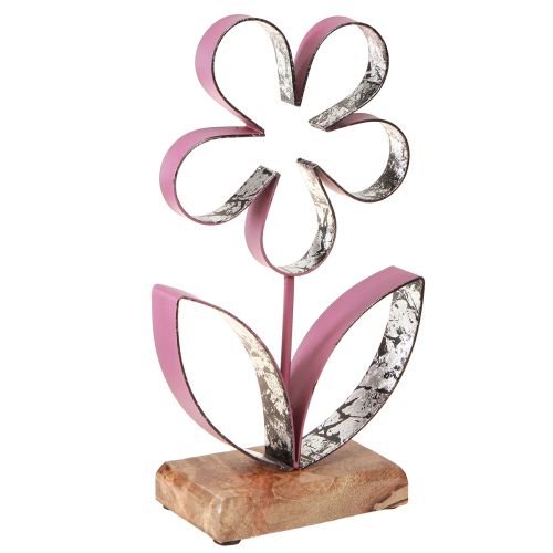 Artículo Decoración de metal con forma de flor sobre base de madera color plata rosa viejo H29cm