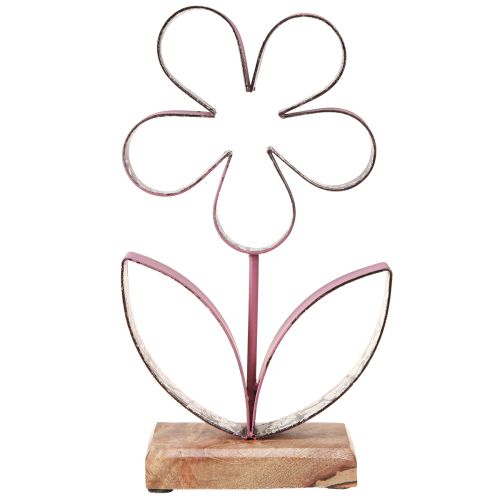 Artículo Decoración de metal con forma de flor sobre base de madera color plata rosa viejo H29cm