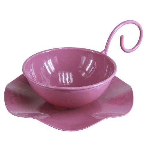 Floristik24 Taza decorativa de metal con platillo rosa H8cm Ø11,5cm 2ud
