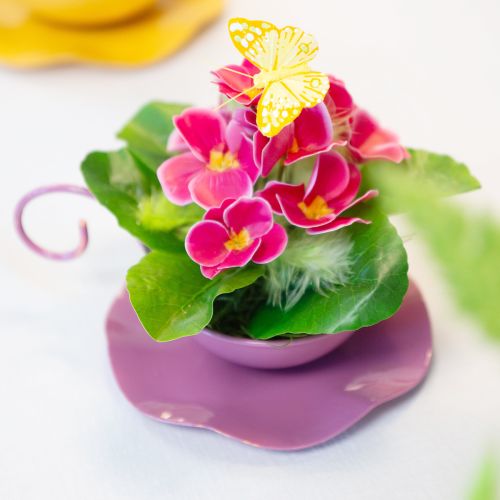 Artículo Taza decorativa de metal con platillo rosa H8cm Ø11,5cm 2ud