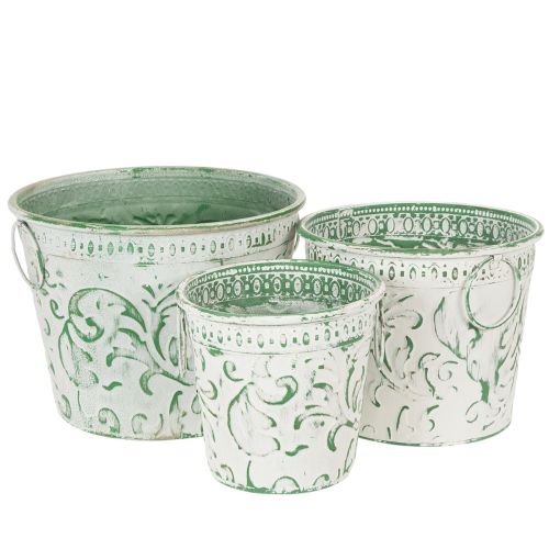 Floristik24 Macetas de metal con asas, maceteros con relieve, blanco, verde, estilo shabby chic, H20.5/18.5/16cm, Ø25.5/20.5/15.5cm, juego de 3