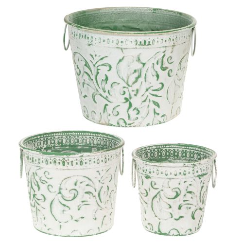 Artículo Macetas de metal con asas, maceteros con relieve, blanco, verde, estilo shabby chic, H20.5/18.5/16cm, Ø25.5/20.5/15.5cm, juego de 3