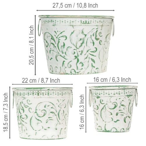 Artículo Macetas de metal con asas, maceteros con relieve, blanco, verde, estilo shabby chic, H20.5/18.5/16cm, Ø25.5/20.5/15.5cm, juego de 3