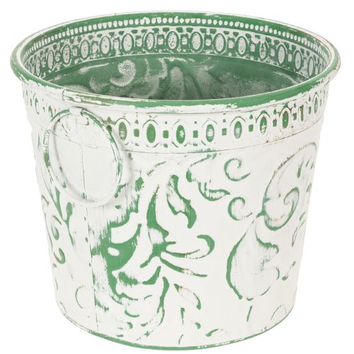 Artículo Macetas de metal con asas, maceteros con relieve, blanco, verde, estilo shabby chic, H20.5/18.5/16cm, Ø25.5/20.5/15.5cm, juego de 3