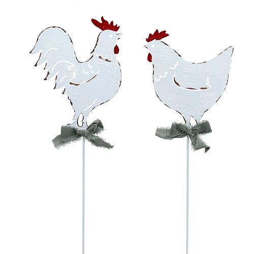 Floristik24 Pollo metálico en palo blanco 16cm 6pcs